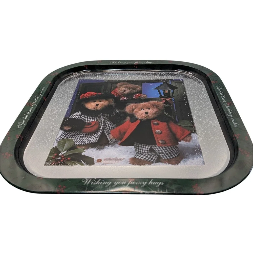 Boyds Bears Christmas Serving Tray Metal Wishing You‎ Fuzzy Hugs Vintage 90s SEE